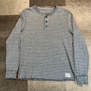 Y2K American Eagle Outfitters Mens Henley Shirt M Gray White Striped Long Sleeve